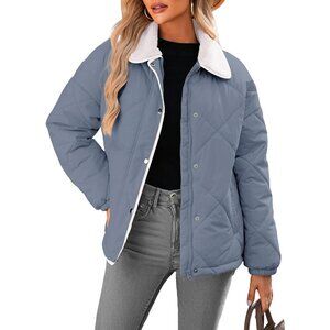 Women's Dusk Blue Puffer Jackets Coats Long Sleeve Winter Warm Button Outerwear